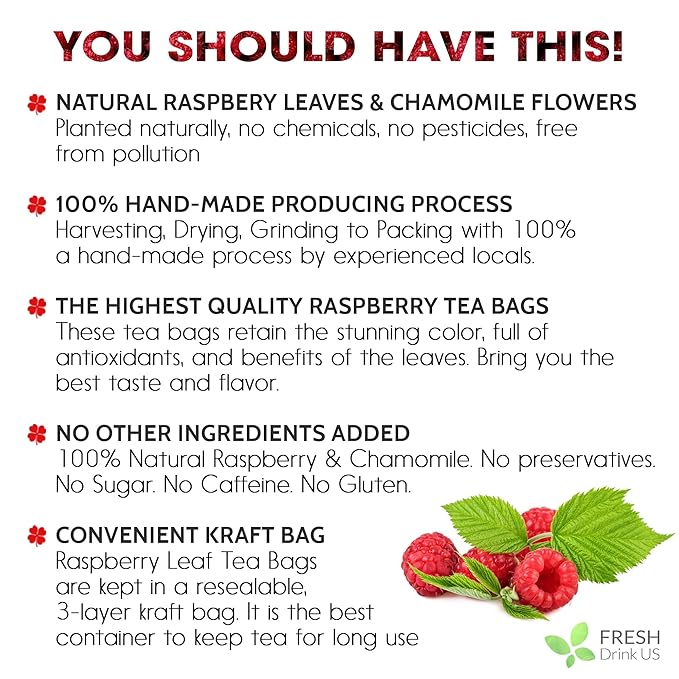 FreshDrinkUS, Premium Raspberry Leaf Tea with Chamomile – 135 Tea Bags | Naturally Caffeine-Free Herbal Blend | Soothing Floral Flavor | Premium Loose Herbal Tea in Natural Material Tea Bags
