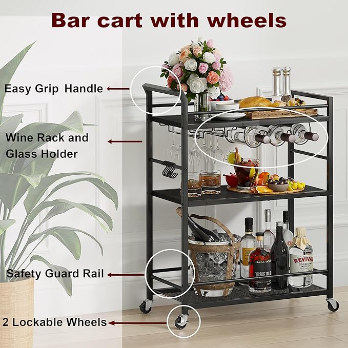 Black Bar Cart Home, Rolling Small Bar Cart, 3 Tier Liquor Cart, Wine Cart with Wine Rack, Drink Cart with Wheels, Metal Beverage Cart for Kitchen Dining Living Room Black GBC507B