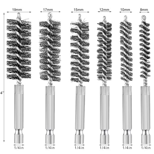 Patelai 6 Pcs Stainless Steel Wire Bore Brush Different Size Twisted Cleaning Brush with Handle 1/4 Inch Hex Shank for Power Drill Impact Driver (8/ 10/ 12/ 15/ 17/ 19 mm)