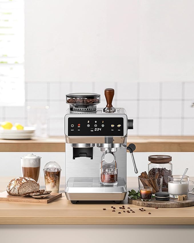 AMZCHEF Espresso Machine with Grinder: 20 Bar Semi Automatic Coffee Machine with 44 Grind Settings, 4-Temperature for Hot & Cold Brew | 8mm Milk Frother for Latte & Cappuccino,Stainless Steel