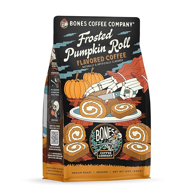 Bones Coffee Company Frosted Pumpkin Roll Flavored Coffee, Medium Roast Low Acid Arabica Beans Compatible with Auto drip and French Press Coffee Maker, 12 Oz Whole Bean