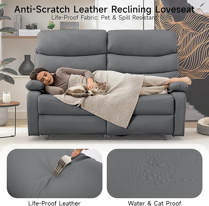 Reclining Loveseat, Anti-Scratch Leather Double Recliner Sofa with Side Pocket, Wall Hugger Loveseat Recliner for Living Room, RV, Home Theater(Grey)