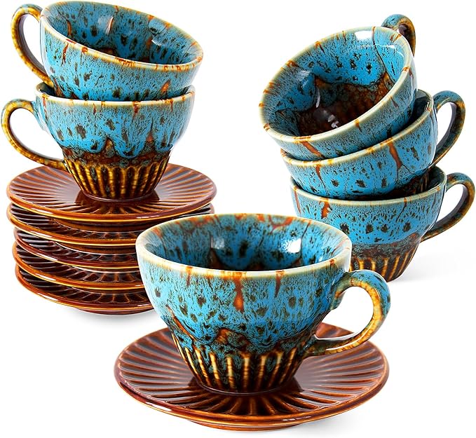 YINUOWEI 2 oz Espresso Cups Set of 6, Ceramic Cappuccino Cups with Saucers, Stackable Coffee Cup for Macchiato, Single shot, Tea, Coffee Lover Gifts, Glazed Blue