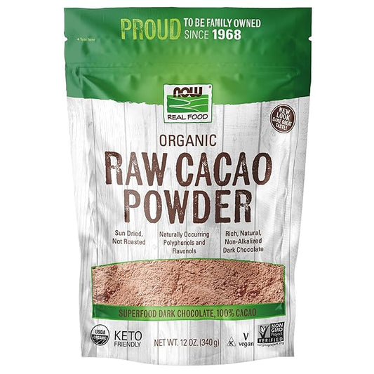 NOW Foods, Organic Raw Cacao Powder, with Polyphenols and Flavonols, Sun-Dried, Intensely Rich Flavor, 12-Ounce (Packaging May Vary)