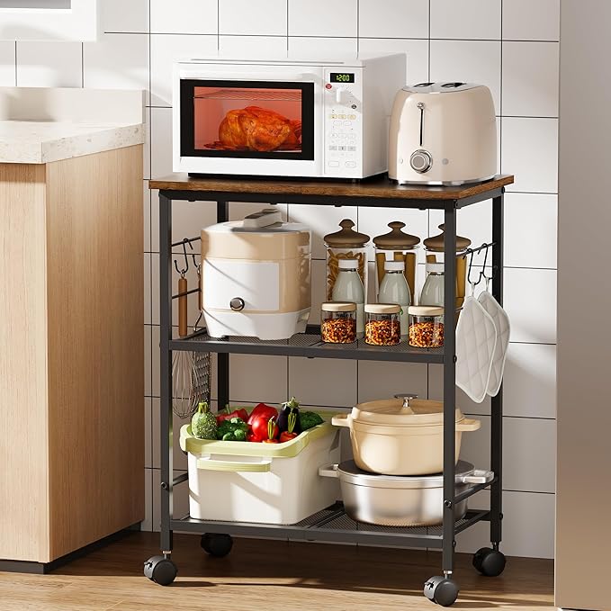BEWISHOME Rolling Kitchen Cart 3 Tier, Microwave Kitchen Cart with Storage Function, Practical Roller Cart with 4 Locking Wheels for Kitchen, Living Room, Bathroom, Office, Bar (Brown)