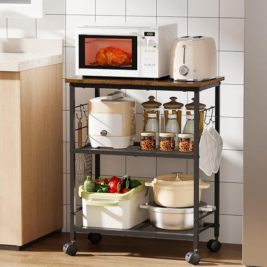 BEWISHOME Rolling Kitchen Cart 3 Tier, Microwave Kitchen Cart with Storage Function, Practical Roller Cart with 4 Locking Wheels for Kitchen, Living Room, Bathroom, Office, Bar (Brown)