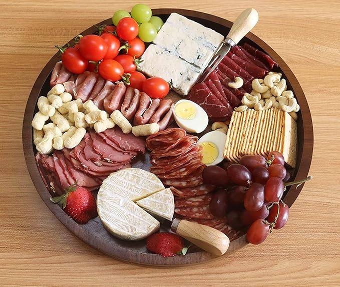 Acacia Wood Round Serving Tray, 13.8" Charcuterie Board with Rim, Decorative Centerpiece for Ottoman, Coffee Table, Couch, Kitchen Island, Round Serving Platter, 1 Pack