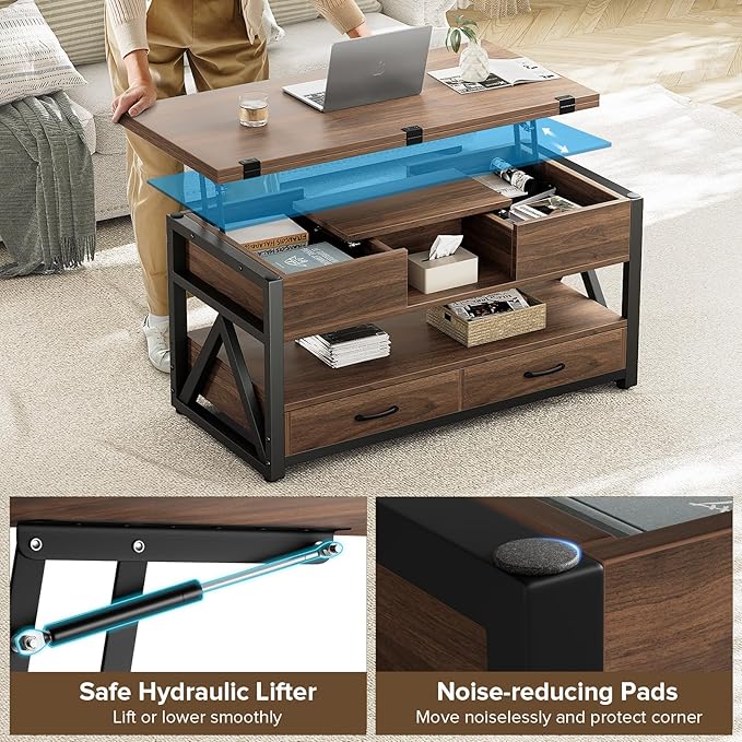 40" Lift Top Coffee Table,4 in 1 Multi-Function Lift Coffee Tables with Storage Drawers and Hidden Compartmen,Farmhouse Coffee Table with Lifting top for Living Room, Walnut