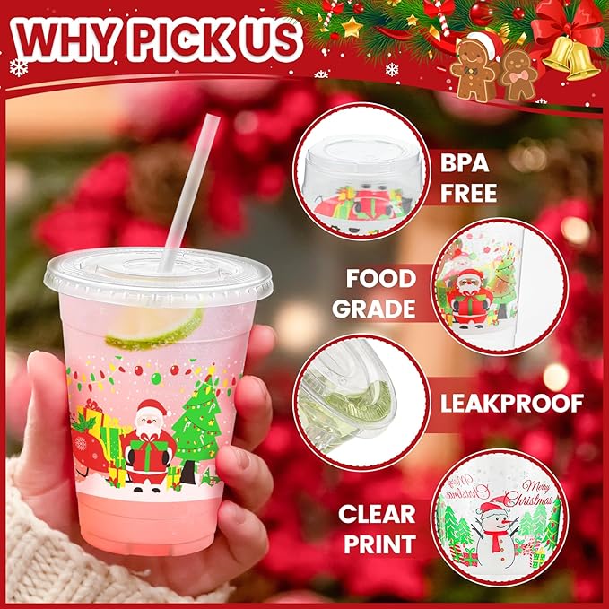 Lamosi 50 Pack 16 oz Christmas Clear Plastic Cups with Lids and Straws, Disposable Snowman Santa Plastic Coffee Cups with Lids for Family Gatherings, Wedding, Parties