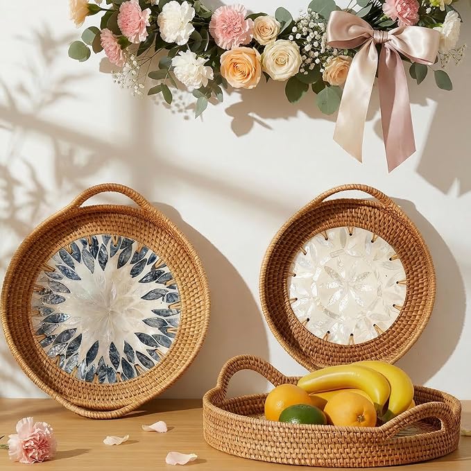 Mothers Day Gifts Set – 3 Handwoven Rattan Trays with Natural Shell Inlay, Boho Decorative Wicker Serving & Coffee Table Trays with Handles for Home Decor, Candles, Snacks & Holiday Entertaining