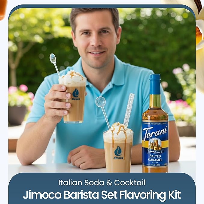 Jimoco Barista Set – Torani Sugar Free Salted Caramel & French Vanilla Syrups (25.4 oz Each) with 2 Jimoco Syrup Pumps, Reusable Cups, Straws & Stirrers – Coffee, Italian Soda & Cocktail Flavoring Kit