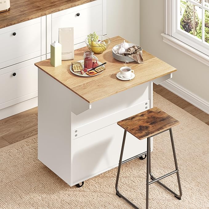 Kitchen Island on Wheels with Drop Leaf, Folding Countertop Kitchen Island Cart, Kitchen Island Table with Towel Rack, Drawer, for Kitchen, Dining Room, White and Natural KINW12501