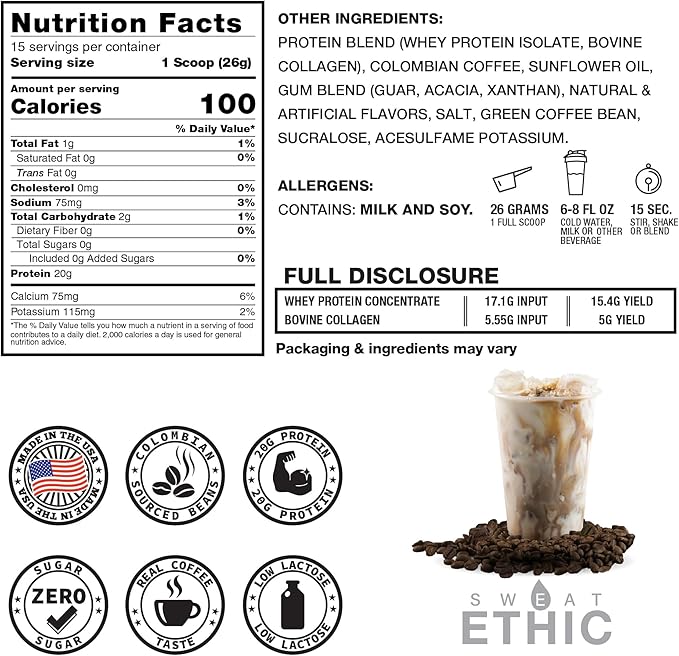 Sweat Ethic Brew’D UP Collagen Protein Coffee, Whey Isolate & Collagen Peptides, Natural Caffeine, Low Lactose, No Added Sugar, Easy-Mix Protein, Iced Coffee Flavor, 15 Servings