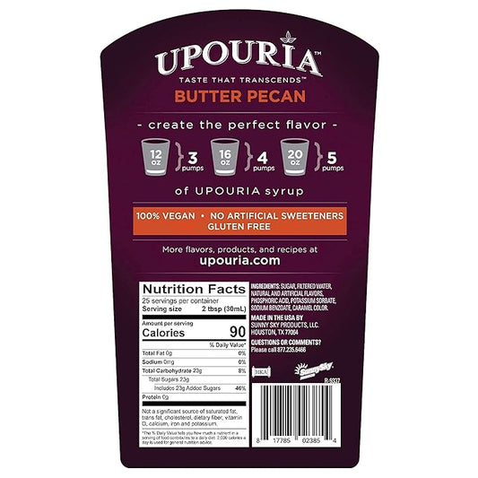 Upouria Butter Pecan Coffee Syrup Flavoring, 100% Vegan, Gluten-Free, Kosher, 750 mL Bottle - Coffee Syrup Pump Included