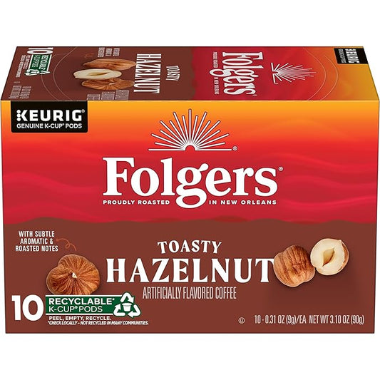 Folgers Toasty Hazelnut Artificially Flavored Coffee, Keurig K-Cup Pods, 10 Count Box