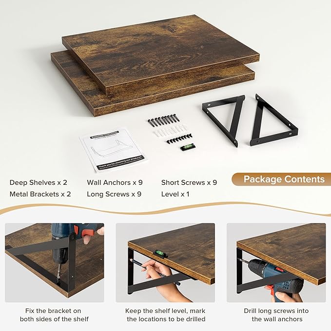 Deep Floating Shelves Wall Mounted, 16"x12" Brown Wood Shelves with Brackets Set of 2 for Bedroom, Living Room, Bathroom, Kitchen, Office - Storage & Display Shelf for Decor, Books, Plants