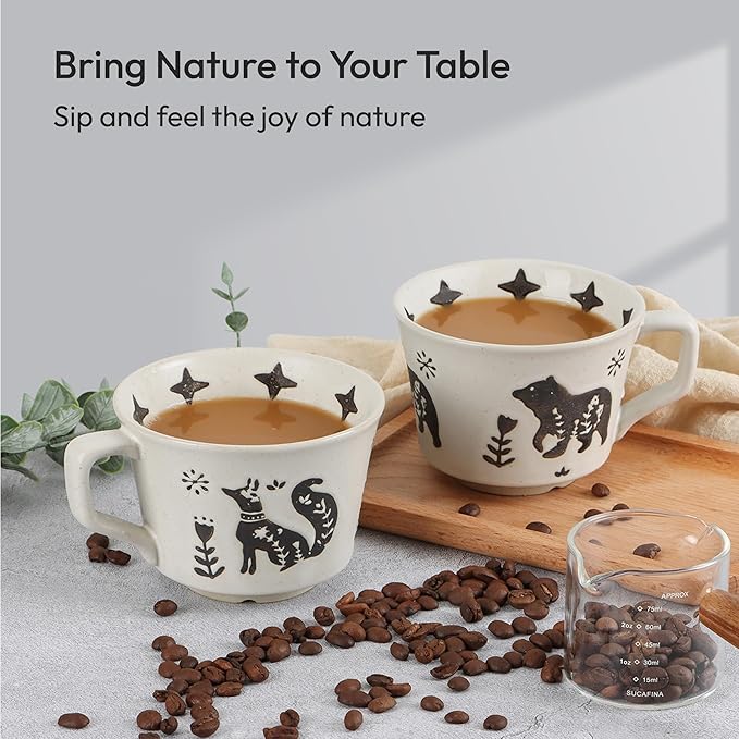 LINVIA Ceramic Coffee Mug, 12 oz Novelty Unique Teacup with Handle, Stoneware Cup for Tea Mocha Latte Cappuccino Espresso (Set of 2, Fox and Bear)