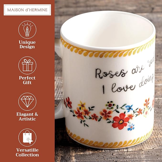 Maison d' Hermine Coffee Mug with Handles Fine Bone China Mugs Pack of One Tea Cups for Hot Beverages Cappuccino Latte Home Office Perfect for Gift (Happy Florals - Sweety Roses Are Red, 12 Ounce)