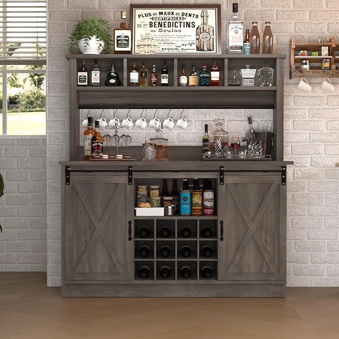 4ever2buy Farmhouse Coffee Bar Cabinet with 4 Storage Hutch, 55”Coffee Bar with Sliding Barn Doors, Hutch Cabinet with 12 Wine Racks & 8 Hooks for Dining Room, Kitchen, Wash Grey
