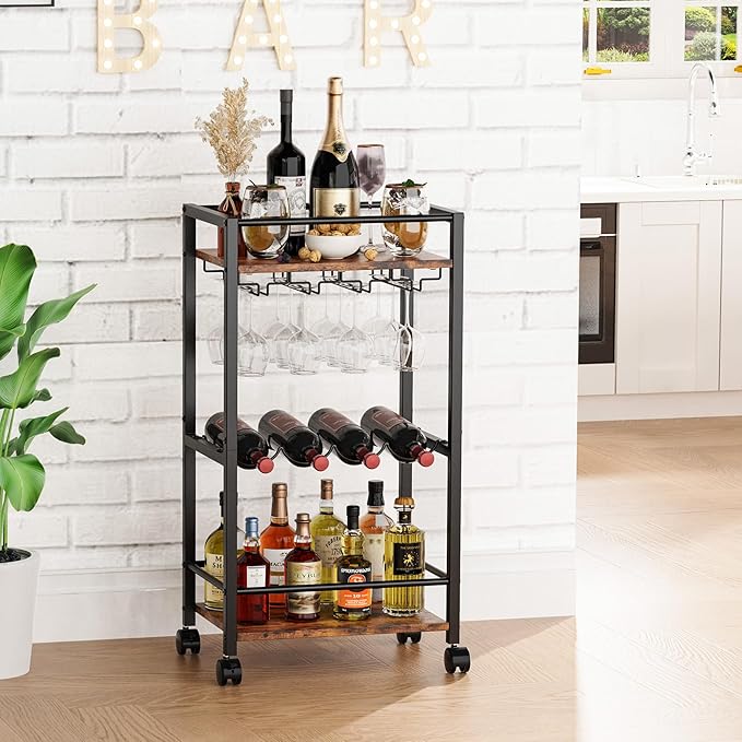 Bar Cart, Home Bar Serving Cart, Mobile Kitchen Carts with Wheels, Small Rolling Cart with Wine Rack and Glass Holders, Rolling Beverage Cart for Kitchen, Dining Room, Living Room, Rustic Brown