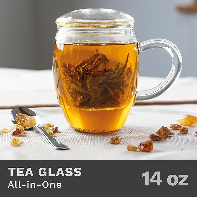 Creano Tea Glass with Infuser and Lid 400ml - Large Tea Cup - Microwave & Dishwasher Safe - Loose Leaf Tea Maker Gift Set