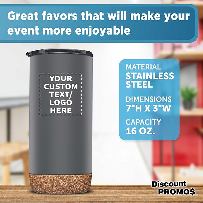 DISCOUNT PROMOS Custom Tumblers Cork Bottom 16 oz Set of 10/50/100 Personalized Bulk Pack Double Wall Insulated Matte Finish Iced Coffee Soda - Grey