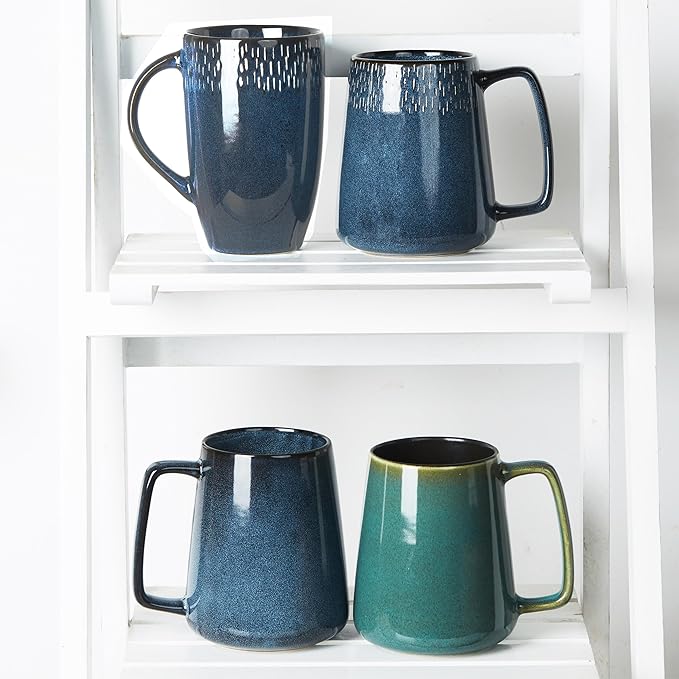 24 OZ Extra Large Ceramic Coffee Mug, with Spoon and Wooden Lid, Big Tea Cups with a Large Handle for Office and Home, Microwave and Dishwasher Safe (24 OZ Star Blue Set)