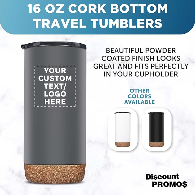 DISCOUNT PROMOS Custom Tumblers Cork Bottom 16 oz Set of 10/50/100 Personalized Bulk Pack Double Wall Insulated Matte Finish Iced Coffee Soda - Grey