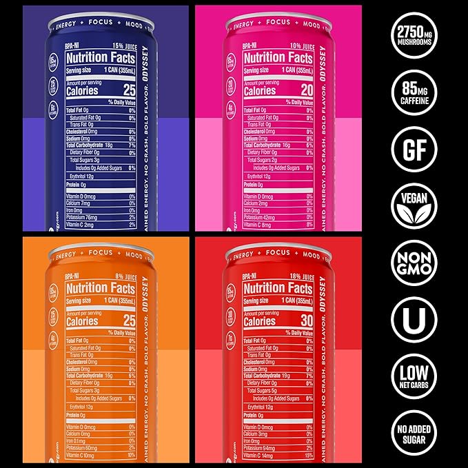 Odyssey Functional Energy Drink for Focus, Cognition & Mood Support 12 Pack - Adaptogenic Drink with 85mg Green Tea Caffeine, Lion’s Mane, Cordyceps, L-Theanine & Ginseng, Variety Pack