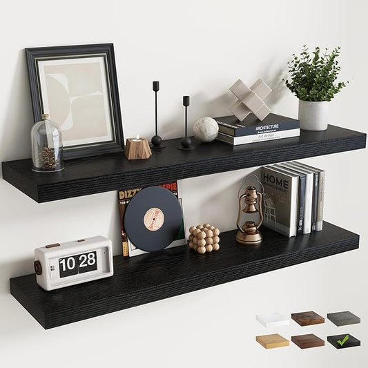 Floating Shelves for Wall with Invisible Brackets, Wall Mounted Engineered Wood Shelves with Wood Grain for Living Room, Bedroom, Bathroom, Kitchen Decor and Storage, Oak, 48"L Set of 2, Black