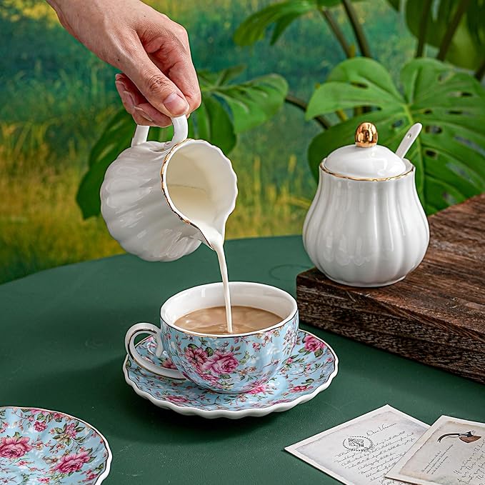 Tea Cup and Saucers, 6.4oz Floral Tea Cups with Gold Trim, Porcelain Teacup, Coffee Cappuccino Espresso Latte Mugs for Party Birthday,Party Cafe Home, Christmas Gift (Blue)