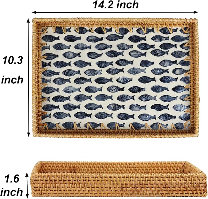 Rattan Serving Tray, Rectangle Coffee Table Tray with Mother of Pearl Inlay, Decorative Wicker Basket with Handle for Coffee, Bread, Fruits, Snacks, Table Decor (Black Fish)