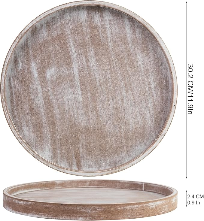 Rustic Round Wood Decorative Coffee Table Tray Farmhouse Decor with Wood Texture Boho Ottoman Serving Tray for Kitchen Counter Home (Grey White)