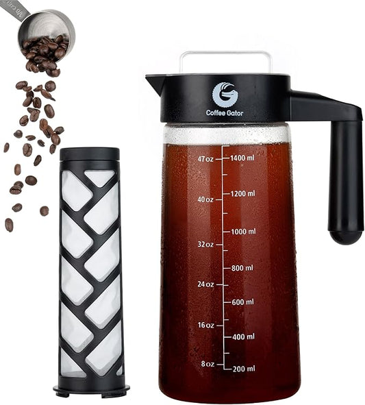 Coffee Gator Cold Brew Coffee Maker - 47 oz Iced Tea and Iced Coffee Maker and Pitcher with Borosilicate Glass Carafe, Filter - Black