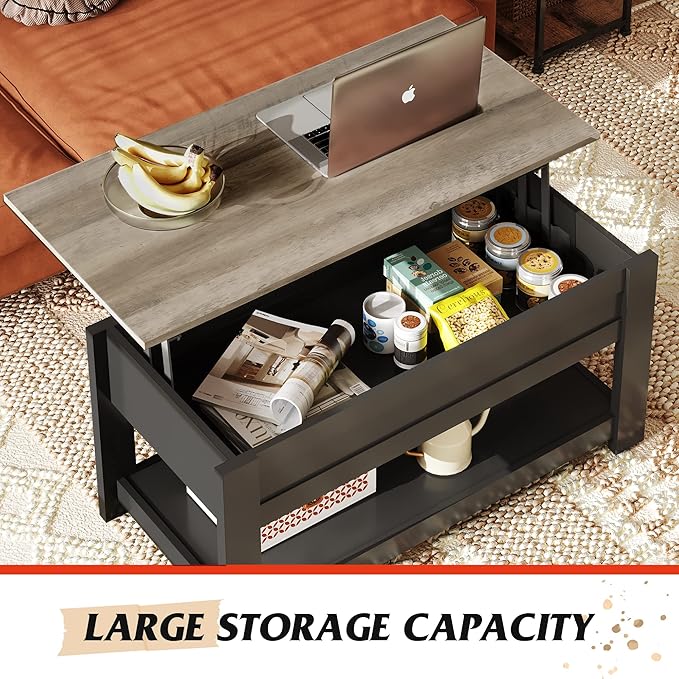 WLIVE Coffee Table, 39" Lift Top Coffee Table with Hidden Compartment and Storage Shelf for Living Room,Greige