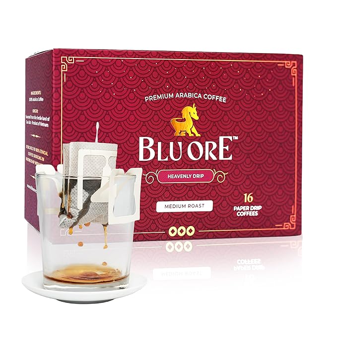 Blu Ore Premium Vietnamese Coffee - Medium Roast - Single Serve Pour Over (16 Pack) - 100% Arabica Drip Bag Coffee, Eco-Friendly Filter, Travel Friendly, No Preservatives
