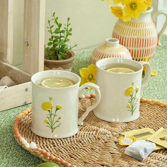 Ceramic coffee Mugs, Set of 1 Yellow Flower - 16oz, Hand-Painted, Microwave heating and dishwasher cleaning available, Ideal for Daily Brews