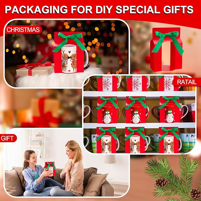 Kosiz 36 Pcs Mug Boxes Sublimation Coffee Mugs Gift Bags with Window Packaging Storage Box for Shipping Selling Wedding Valentines Gift Packaging Wrapping (for 15oz Mug,Red,Green)