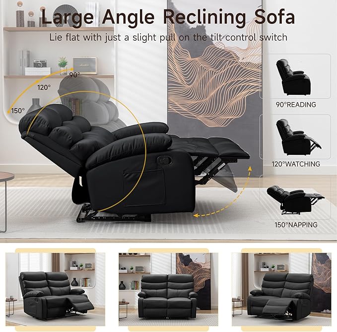 Reclining Loveseat, PU Leather Double Recliner Sofa with Side Pocket, Wall Hugger Loveseat Recliner for Living Room, RV, Home Theater(Black)