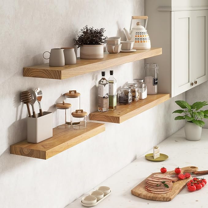 Elm Floating Shelves for Wall Decor, Rustic Solid Wood Shevles Wall Mounted with Invisible Bracket for Living Room Bathroom Bedroom Kitchen, 55 Inch Set of 1, Natural