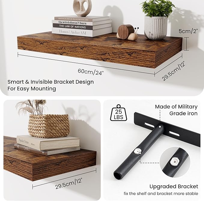 Fun Memories 24 Inch Floating Shelves Wall-Mounted, 12 Inch Deep Wall Shelves, 24 x 12 Floating Shelf, Deep Storage Shelf for Living Room Bathroom Bedroom, Rustic Brown, Set of 2