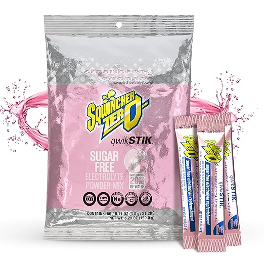 Sqwincher Zero Qwik Stik, Strawberry Lemonade, Sugar Free, Low Calorie, Low Sodium Electrolyte Powder Hydration Drink Mix, .11 0z Packet (Pack of 50)