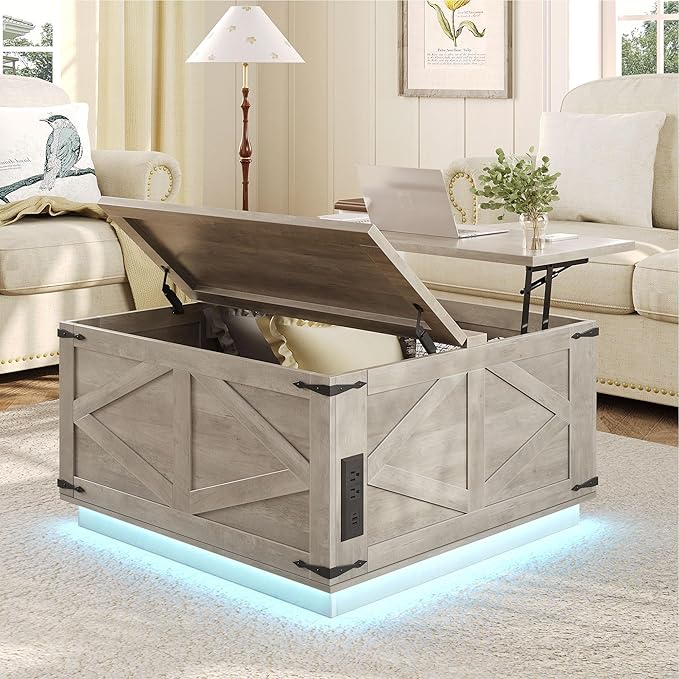 Farmhouse Lift Top Coffee Table, Square Wood Center Table with LED Lighting, USB-C Charging Station, and Hidden Storage Compartment - Rustic Grey Living Room Furniture