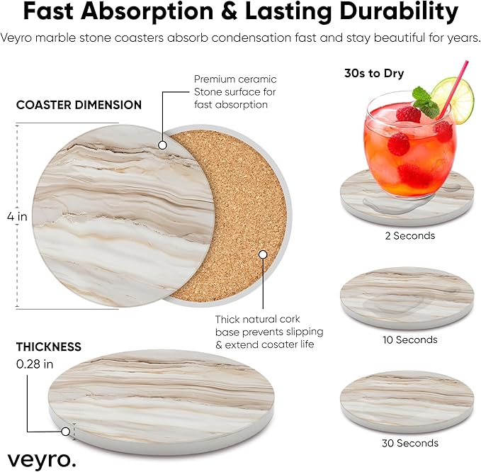 VEYRO Ceramic Coasters Set of 6 – Absorbent Stone Drink Coasters with Holder, Non-Slip Cork Backing, Modern Marble Look Coasters for Coffee Table, Desk & Home Decor