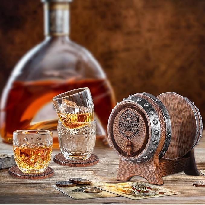 Whiskey Barrel Coasters Set 6 Full Size Non-Slip Cabin Decor Bar Coasters, Indoor Christmas Decorations, Man Cave Gifts for Men and Whiskey Lovers, Rustic Handmade Cup Coaster for The Home