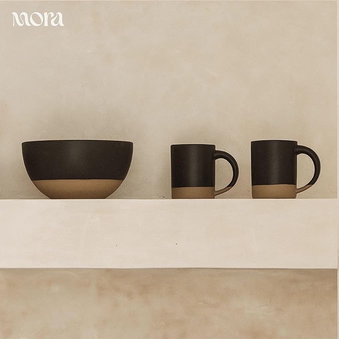 MORA Medium Mugs Set of 4, 16oz Ceramic Pottery Latte Mugs/Coffee Cups - Microwave and Dishwasher Safe - Liquorice