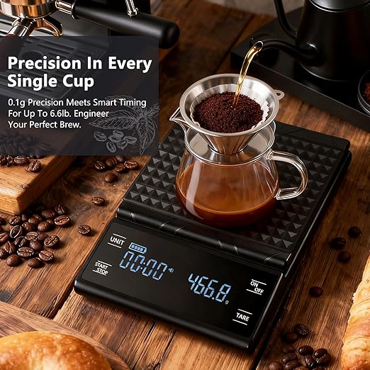 Coffee Scale High Precision 3kg/0.1g Coffee Scale with Timer Food Scale Kitchen Scale Backlit LCD for Espresso, Pour Over & Drip Brewing,Coffee Bar Accessories Rechargeable Includes Batteries(Black)