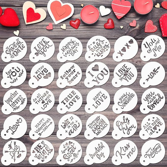 30 Pcs Valentine's Day Cake Stencil Templates Decoration Valentine Plastic Cookie Decorating Stencils Reusable Coffee Stencils Baking Painting Mold Tools for Valentine's Day Baking DIY Decor Mold