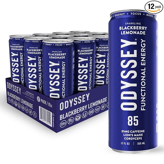 Odyssey Functional Energy Drink for Focus, Cognition & Mood Support 12 Pack - Adaptogenic Drink with 85mg Green Tea Caffeine, Lions Mane, Cordyceps, L-Theanine & Ginseng, Sparkling Blackberry Lemonade