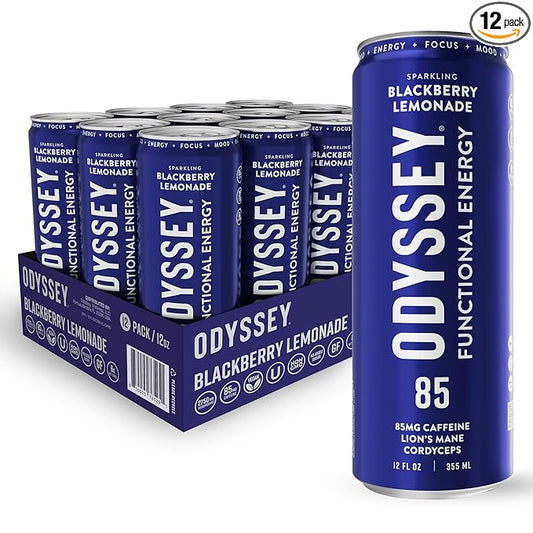 Odyssey Functional Energy Drink for Focus, Cognition & Mood Support 12 Pack - Adaptogenic Drink with 85mg Green Tea Caffeine, Lions Mane, Cordyceps, L-Theanine & Ginseng, Sparkling Blackberry Lemonade